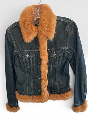 Gas Jeans Italy Denim Jacket Rabbit Fur Trim Early 2000s Y2K Vintage